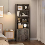 Bibliothèque grise avec portes 71,4 pouces, étagère industrielle de style ferme à 6 niveaux, armoire de rangement profonde