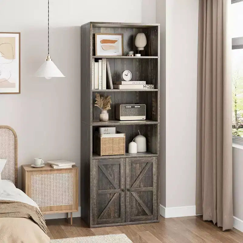71.4 Grey Bookcase with Doors, 6-Shelf Industrial Farmhouse Bookshelf, Deep Storage Display Cabinet