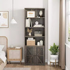 Bibliothèque grise avec portes 71,4 pouces, étagère industrielle de style ferme à 6 niveaux, armoire de rangement profonde
