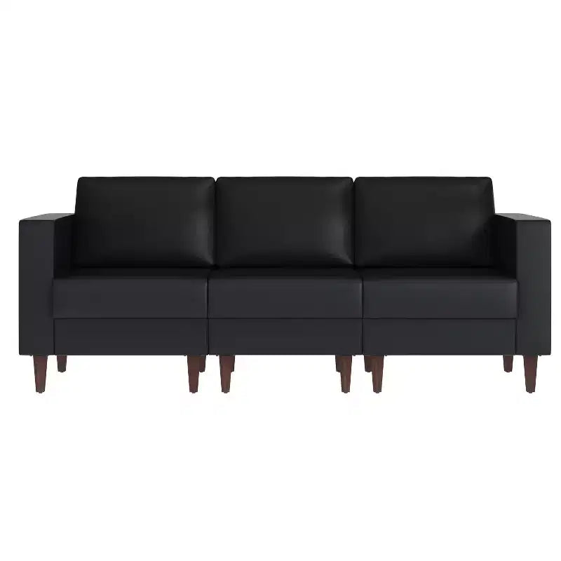 Upholstered Reception Sofa with 4 AC Outlets/2 USB/2 USB-C Ports and Wood Walnut Legs with Adjustable Floor Glides