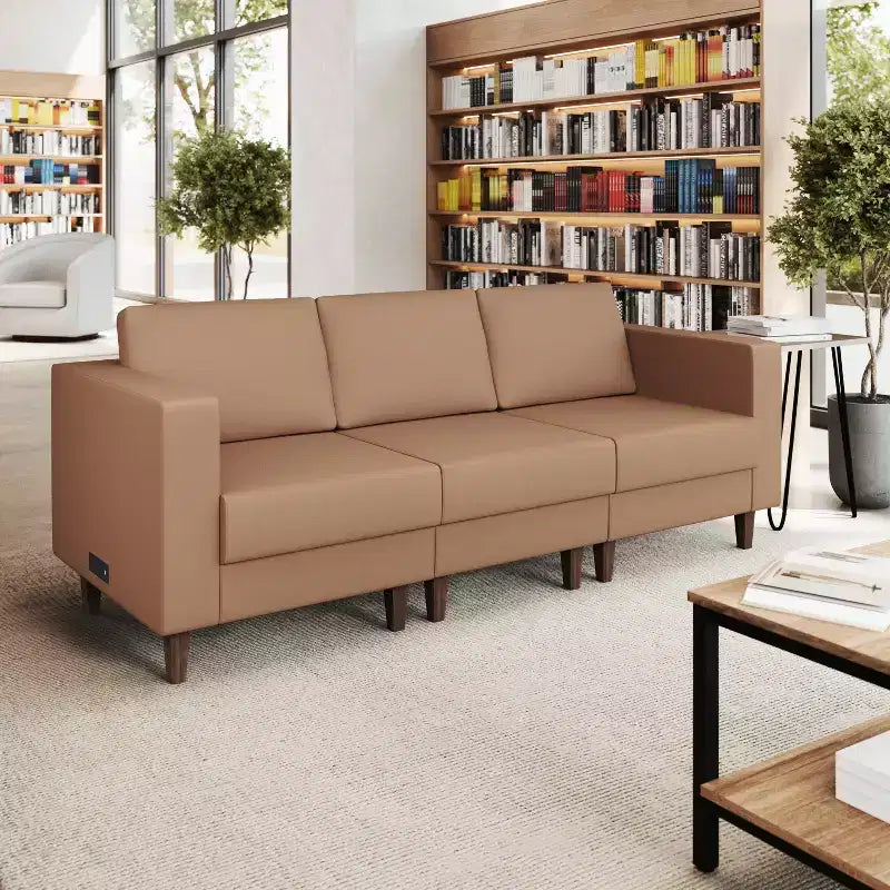 Upholstered Reception Sofa with 4 AC Outlets/2 USB/2 USB-C Ports and Wood Walnut Legs with Adjustable Floor Glides