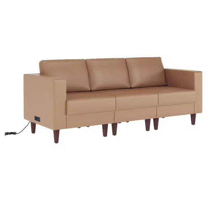 Upholstered Reception Sofa with 4 AC Outlets/2 USB/2 USB-C Ports and Wood Walnut Legs with Adjustable Floor Glides