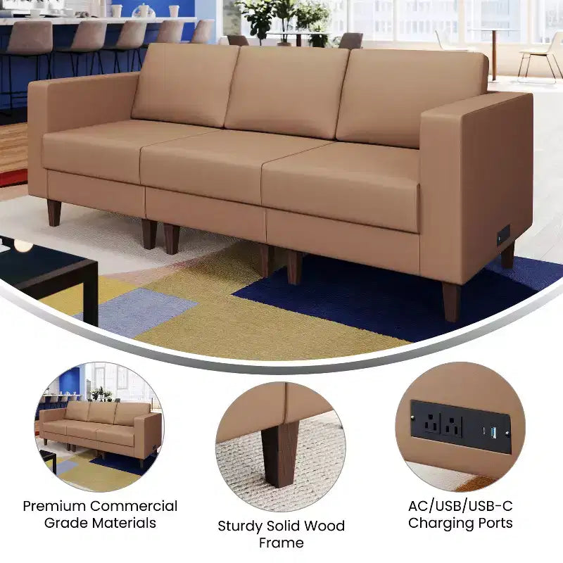 Upholstered Reception Sofa with 4 AC Outlets/2 USB/2 USB-C Ports and Wood Walnut Legs with Adjustable Floor Glides