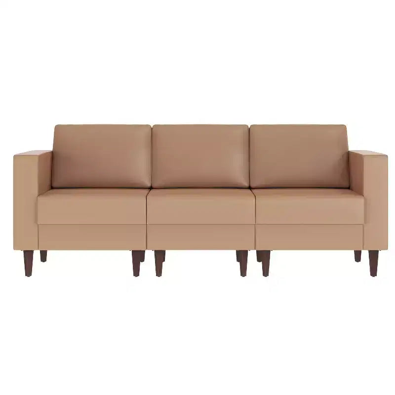 Upholstered Reception Sofa with 4 AC Outlets/2 USB/2 USB-C Ports and Wood Walnut Legs with Adjustable Floor Glides