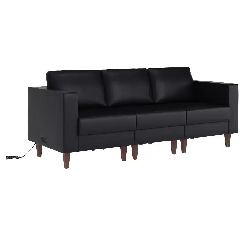 Upholstered Reception Sofa with 4 AC Outlets/2 USB/2 USB-C Ports and Wood Walnut Legs with Adjustable Floor Glides