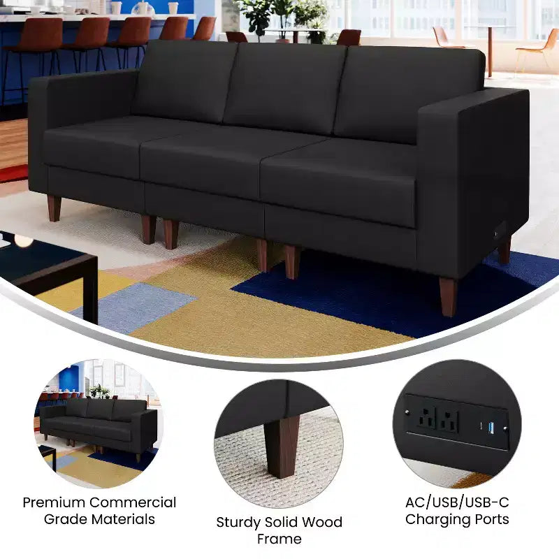 Upholstered Reception Sofa with 4 AC Outlets/2 USB/2 USB-C Ports and Wood Walnut Legs with Adjustable Floor Glides