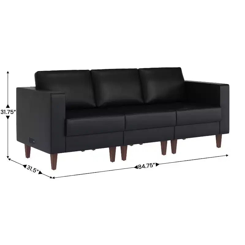 Upholstered Reception Sofa with 4 AC Outlets/2 USB/2 USB-C Ports and Wood Walnut Legs with Adjustable Floor Glides