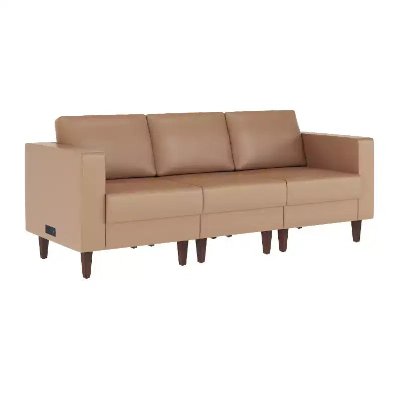 Upholstered Reception Sofa with 4 AC Outlets/2 USB/2 USB-C Ports and Wood Walnut Legs with Adjustable Floor Glides