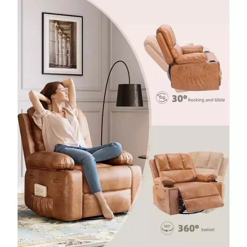 Oversized Manual Recliner Chair, 360 Swivel Rocker Recliners with Heat & Massage, Soft Lazy Boy Recliner Sofa Chair