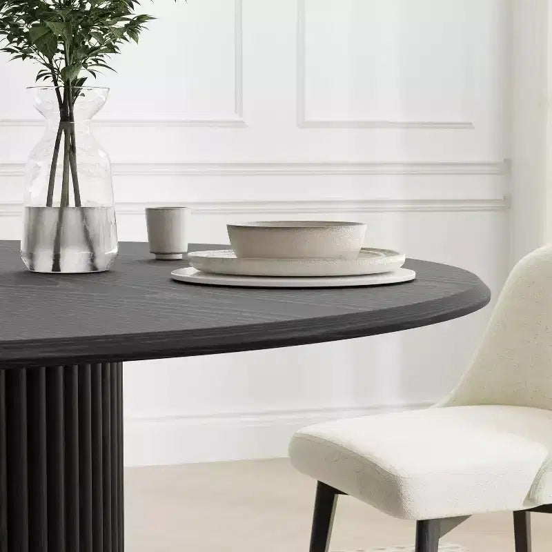 52 Wood Round Dining Table Kitchen Table for 4-6 with Arc-Shaped Edge Top & Fluted Tapered Base for Living/Dining Room Coffee Office Black