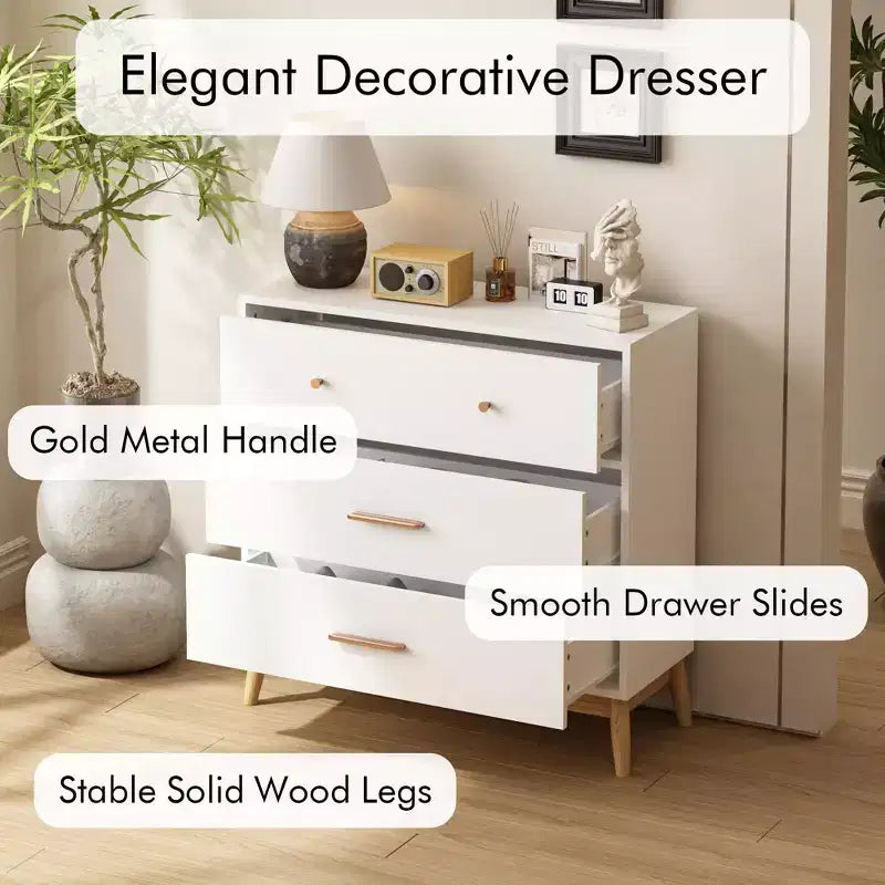 3-Drawer Dresser Storage Cabinet White Chest of Drawers Sideboard