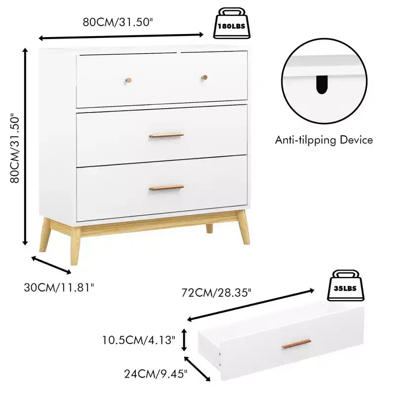 3-Drawer Dresser Storage Cabinet White Chest of Drawers Sideboard