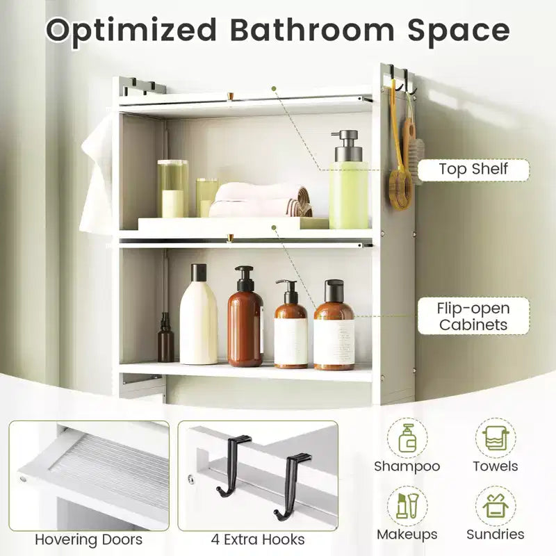 66 Bathroom Organizer with 2 Flip-up Cabinets, See-through Fluted Doors, 4 Hooks Black/White