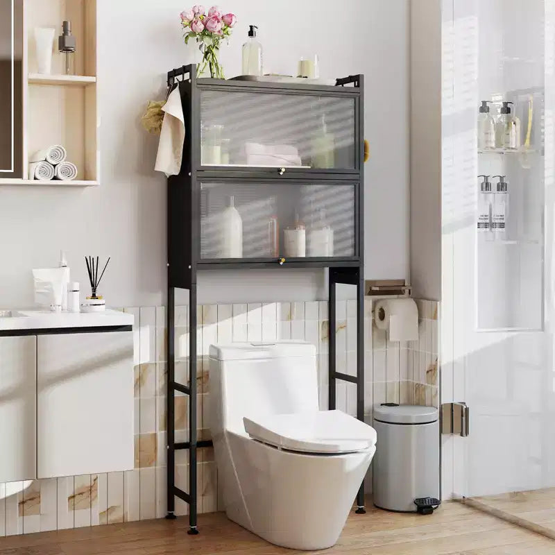 66 Bathroom Organizer with 2 Flip-up Cabinets, See-through Fluted Doors, 4 Hooks Black/White