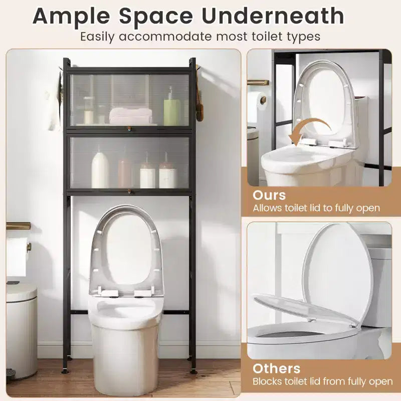 66 Bathroom Organizer with 2 Flip-up Cabinets, See-through Fluted Doors, 4 Hooks Black/White