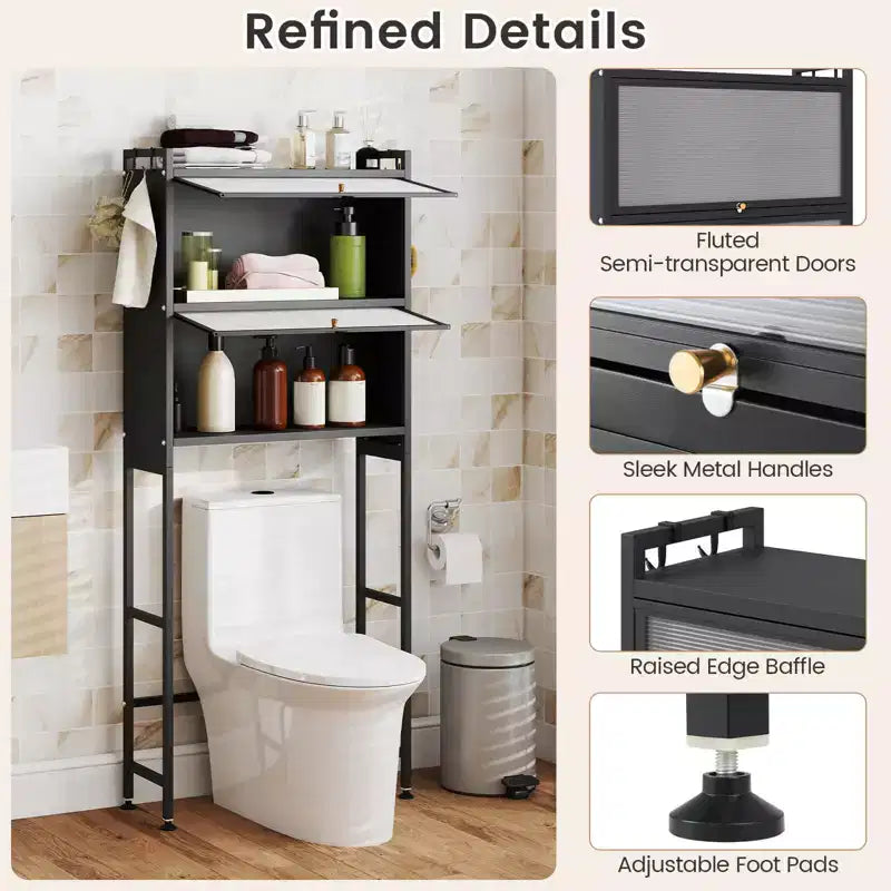 66 Bathroom Organizer with 2 Flip-up Cabinets, See-through Fluted Doors, 4 Hooks Black/White