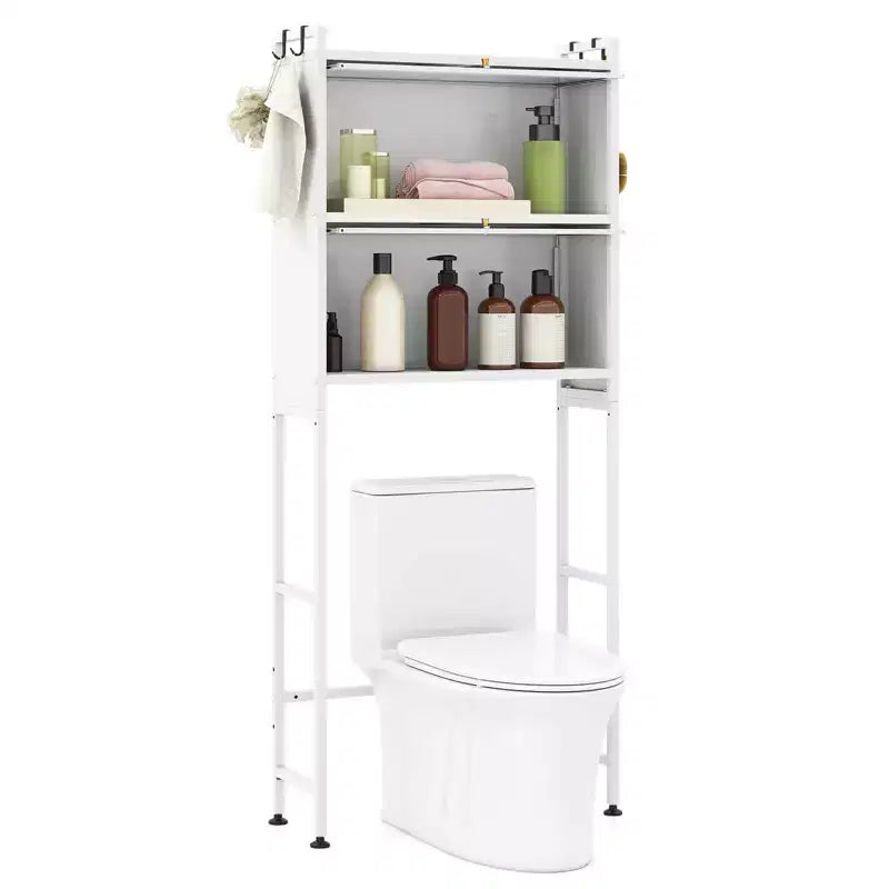 66 Bathroom Organizer with 2 Flip-up Cabinets, See-through Fluted Doors, 4 Hooks Black/White