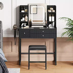 Small dressing table with mirror, dressing table set with stool, 5 drawers, 4 shelves, hair dryer holder, compact bedroom dressing table, black