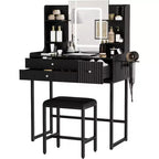 Petite coiffeuse avec miroir, ensemble coiffeuse avec tabouret, 5 tiroirs, 4 étagères, support pour sèche-cheveux, coiffeuse de chambre compacte, noire