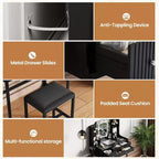 Petite coiffeuse avec miroir, ensemble coiffeuse avec tabouret, 5 tiroirs, 4 étagères, support pour sèche-cheveux, coiffeuse de chambre compacte, noire