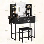 Petite coiffeuse avec miroir, ensemble coiffeuse avec tabouret, 5 tiroirs, 4 étagères, support pour sèche-cheveux, coiffeuse de chambre compacte, noire