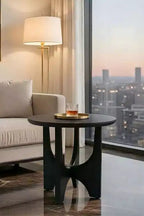 Sara Round Side End Table, 20 Inch Solid Mango Wood Top in Matte Black with Curved legs
