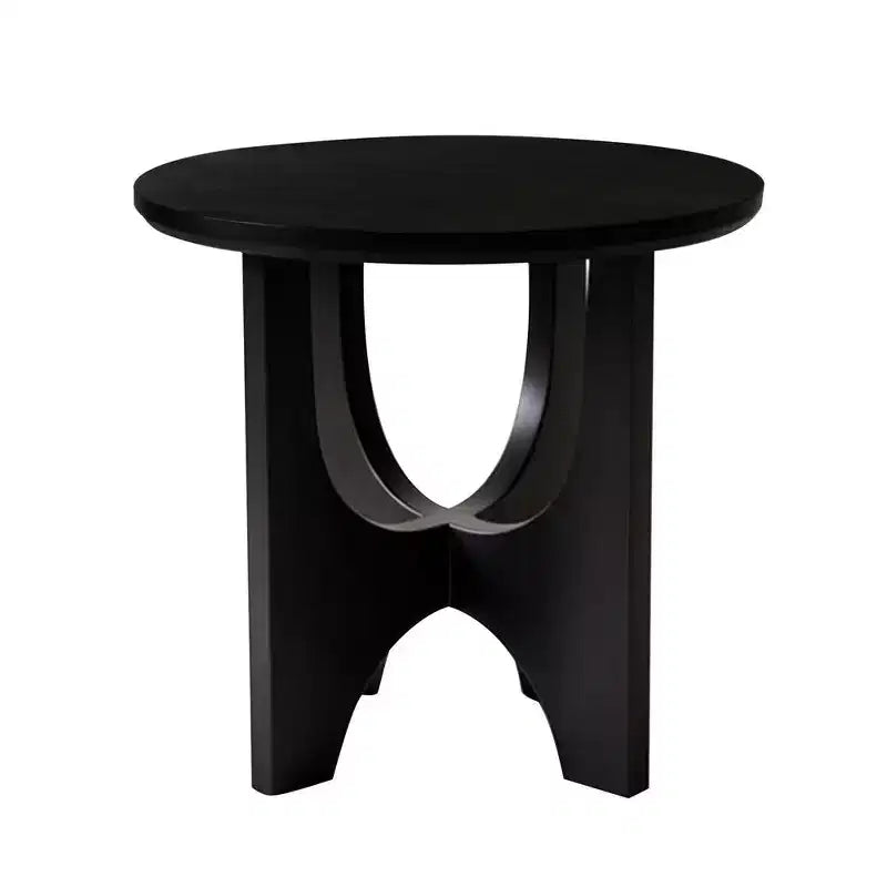 Round side table/coffee table featuring a 20-inch matte black solid mango wood tabletop and curved legs.