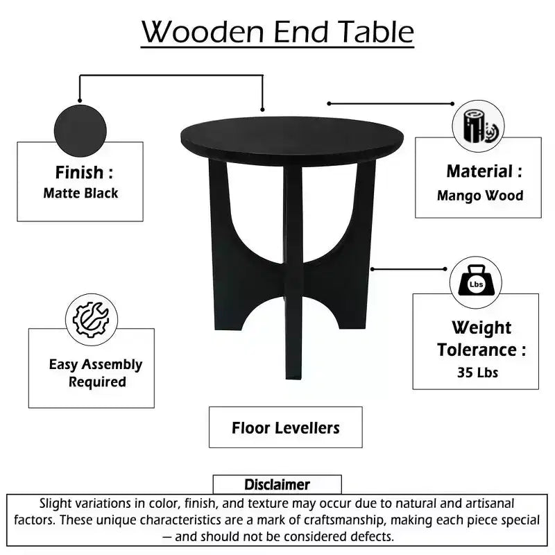 Round side table/coffee table featuring a 20-inch matte black solid mango wood tabletop and curved legs.