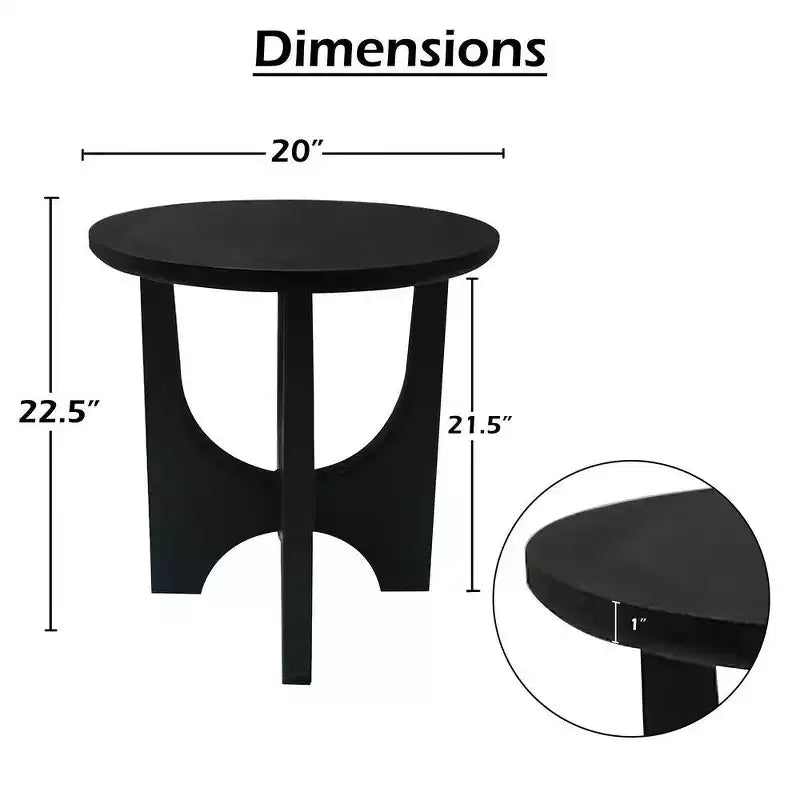 Round side table/coffee table featuring a 20-inch matte black solid mango wood tabletop and curved legs.