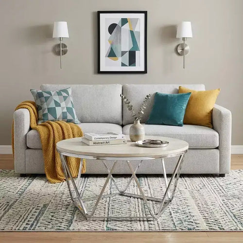 33 Silver Manufactured Wood And Metal Round Coffee Table