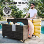 Organisateur de Rangement de Flotteurs de Piscine Robuste à Roulettes, Chariot en Rotin PE à 2 Compartiments, Imperméable et Résistant aux UV avec Accoudoirs