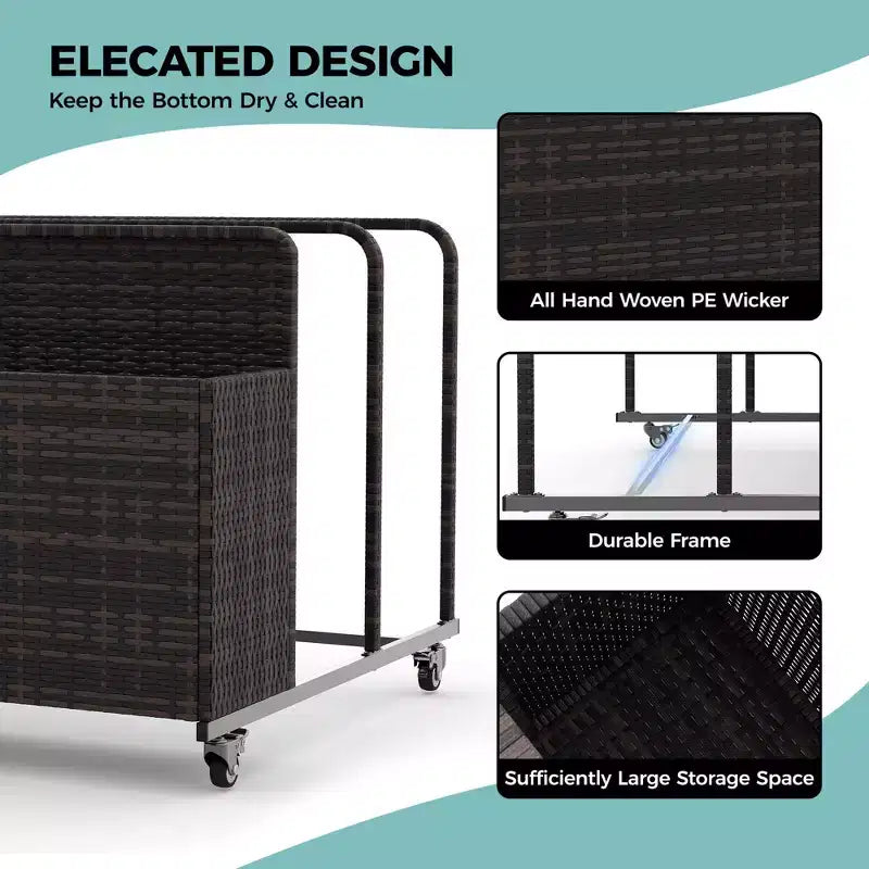 Heavy-Duty Rolling Pool Float Storage Organizer, 2-Compartment PE Rattan Caddy, Waterproof & UV-Resistant with Armrests