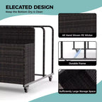 Organisateur de Rangement de Flotteurs de Piscine Robuste à Roulettes, Chariot en Rotin PE à 2 Compartiments, Imperméable et Résistant aux UV avec Accoudoirs