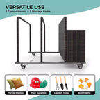 Organisateur de Rangement de Flotteurs de Piscine Robuste à Roulettes, Chariot en Rotin PE à 2 Compartiments, Imperméable et Résistant aux UV avec Accoudoirs