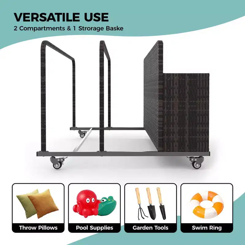 Heavy-Duty Rolling Pool Float Storage Organizer, 2-Compartment PE Rattan Caddy, Waterproof & UV-Resistant with Armrests