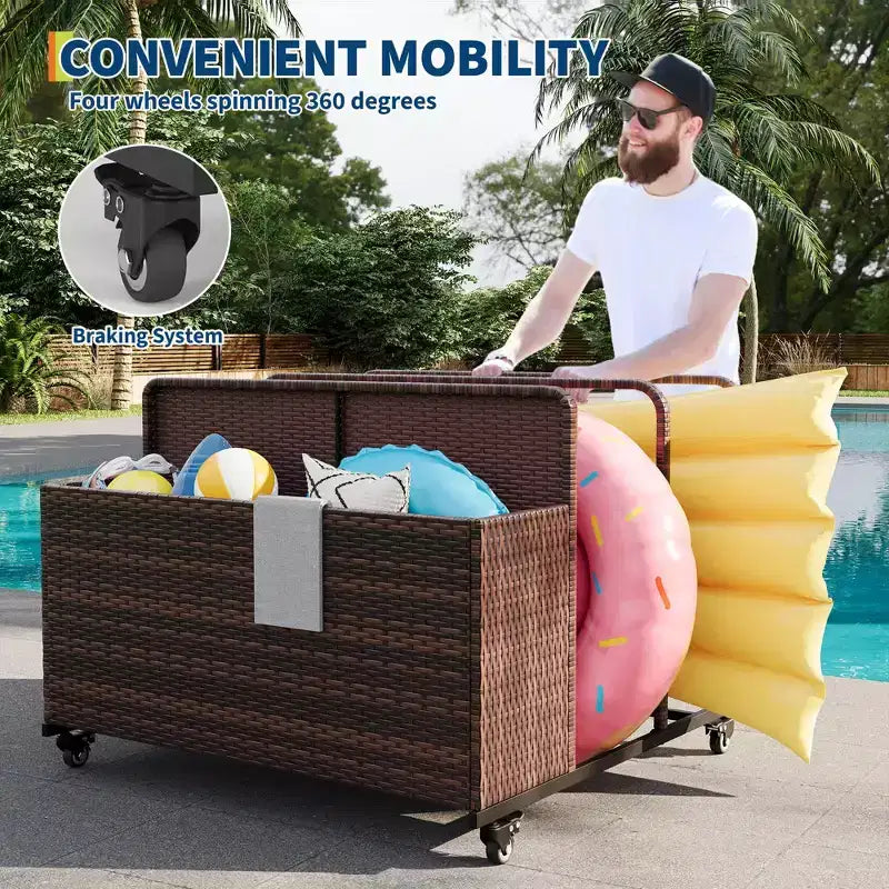 Heavy-Duty Rolling Pool Float Storage Organizer, 2-Compartment PE Rattan Caddy, Waterproof & UV-Resistant with Armrests