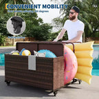 Organisateur de Rangement de Flotteurs de Piscine Robuste à Roulettes, Chariot en Rotin PE à 2 Compartiments, Imperméable et Résistant aux UV avec Accoudoirs