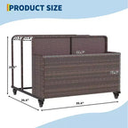 Organisateur de Rangement de Flotteurs de Piscine Robuste à Roulettes, Chariot en Rotin PE à 2 Compartiments, Imperméable et Résistant aux UV avec Accoudoirs