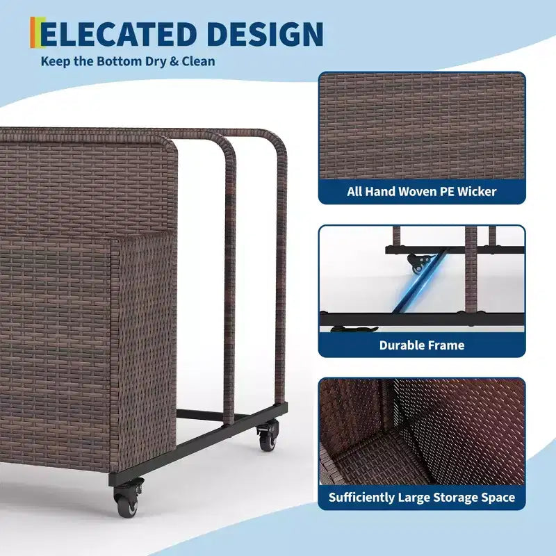 Heavy-Duty Rolling Pool Float Storage Organizer, 2-Compartment PE Rattan Caddy, Waterproof & UV-Resistant with Armrests