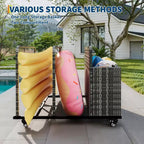 Organisateur de Rangement de Flotteurs de Piscine Robuste à Roulettes, Chariot en Rotin PE à 2 Compartiments, Imperméable et Résistant aux UV avec Accoudoirs