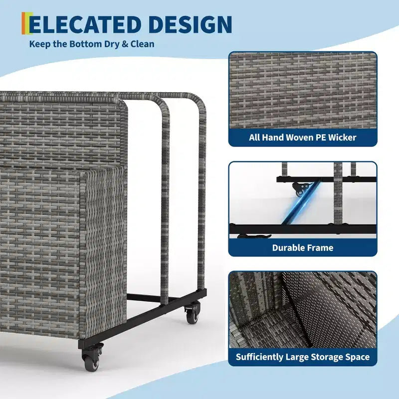 Heavy-Duty Rolling Pool Float Storage Organizer, 2-Compartment PE Rattan Caddy, Waterproof & UV-Resistant with Armrests
