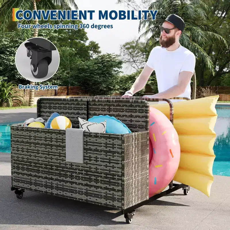 Heavy-Duty Rolling Pool Float Storage Organizer, 2-Compartment PE Rattan Caddy, Waterproof & UV-Resistant with Armrests