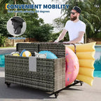 Organisateur de Rangement de Flotteurs de Piscine Robuste à Roulettes, Chariot en Rotin PE à 2 Compartiments, Imperméable et Résistant aux UV avec Accoudoirs