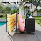 Organisateur de Rangement de Flotteurs de Piscine Robuste à Roulettes, Chariot en Rotin PE à 2 Compartiments, Imperméable et Résistant aux UV avec Accoudoirs