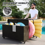 Organisateur de Rangement de Flotteurs de Piscine Robuste à Roulettes, Chariot en Rotin PE à 2 Compartiments, Imperméable et Résistant aux UV avec Accoudoirs