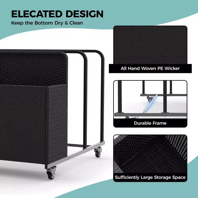 Heavy-Duty Rolling Pool Float Storage Organizer, 2-Compartment PE Rattan Caddy, Waterproof & UV-Resistant with Armrests