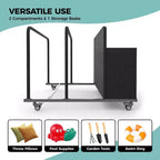Organisateur de Rangement de Flotteurs de Piscine Robuste à Roulettes, Chariot en Rotin PE à 2 Compartiments, Imperméable et Résistant aux UV avec Accoudoirs
