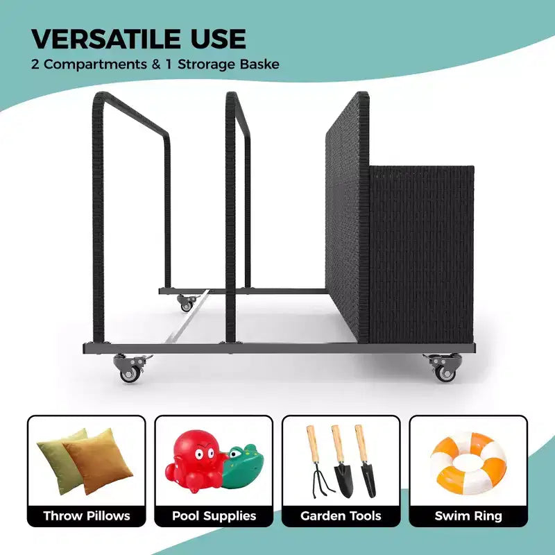 Heavy-Duty Rolling Pool Float Storage Organizer, 2-Compartment PE Rattan Caddy, Waterproof & UV-Resistant with Armrests