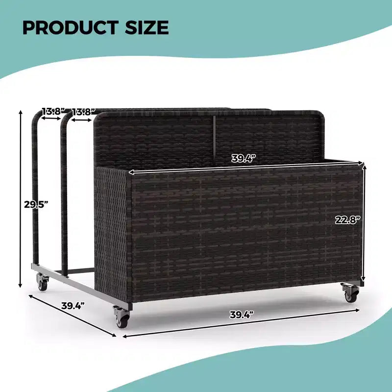 Heavy-Duty Rolling Pool Float Storage Organizer, 2-Compartment PE Rattan Caddy, Waterproof & UV-Resistant with Armrests