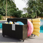 Heavy-Duty Rolling Pool Float Storage Organizer, 2-Compartment PE Rattan Caddy, Waterproof & UV-Resistant with Armrests